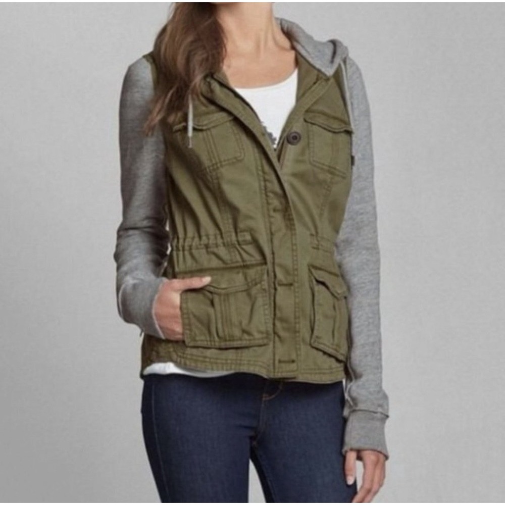 Abercrombie & Fitch Women's Tristen‎ Olive Green Grey Utility Jacket Hoodie Med